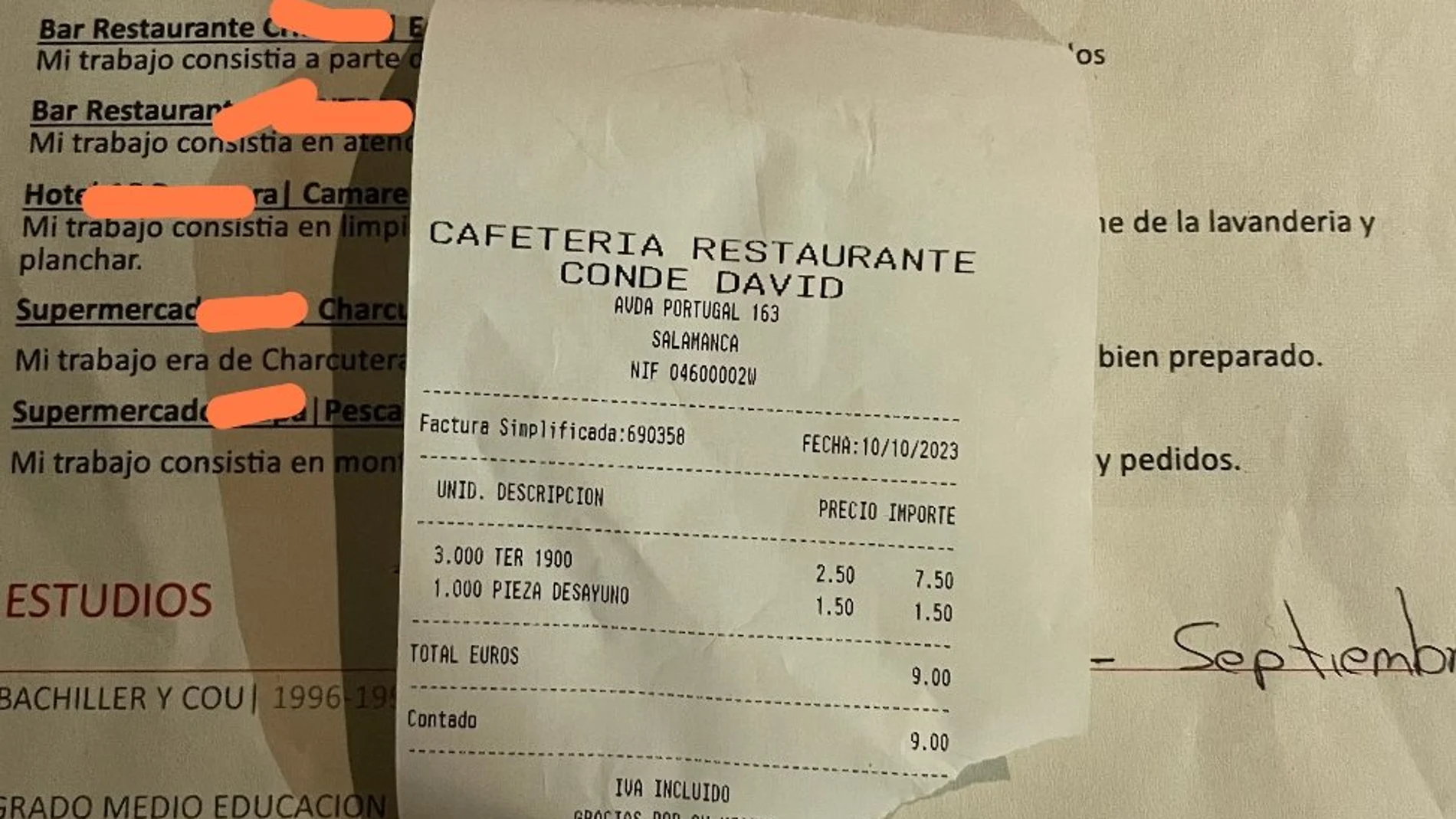 Factura del bar sobre el currículo de la chica que realizó en "sinpa"
