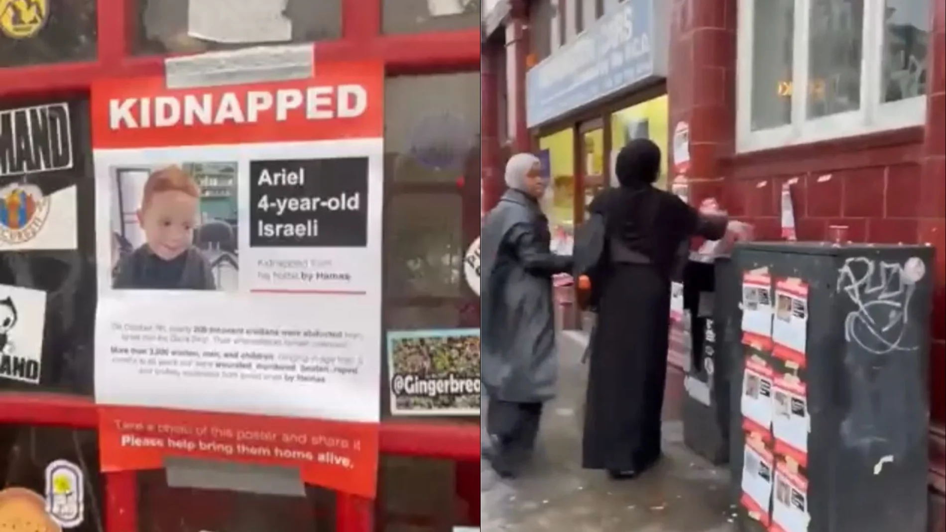 Dos mujeres en Londres quitan carteles de los desaparecidos en Israel