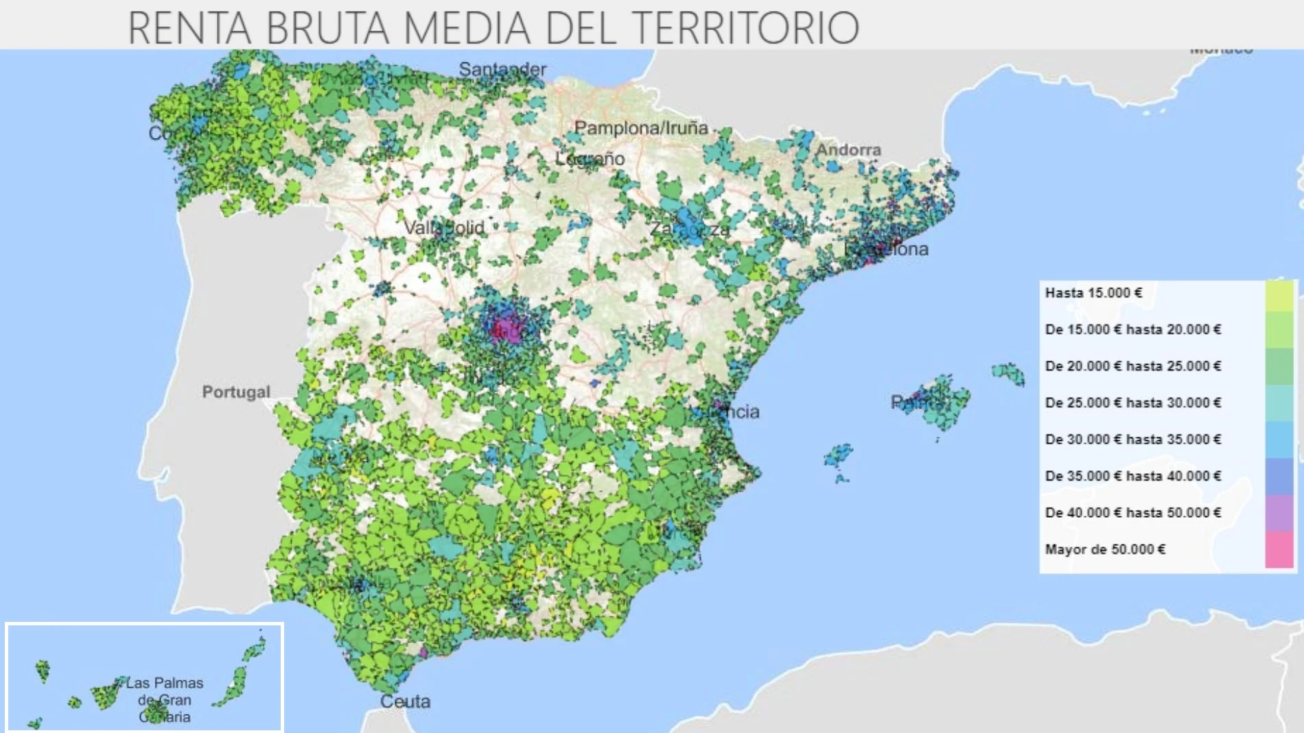 Renta bruta media de los municipios mayores de 1.000 habitantes en 2021