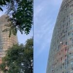 Dos hombres escalana la torre Agbar de Barcelona