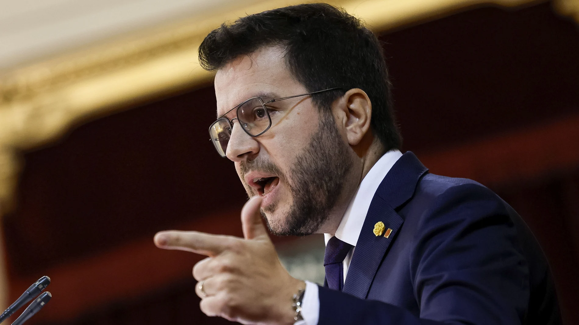 MADRID, 19/10/2023.- El presidente de la Generalitat, Pere Aragonés interviene en la Comisión General de las Comunidades Autónomas que se celebra en el Senado, este jueves. EFE/Daniel González