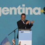 Sergio Massa, Economy Minister and presidential candidate for the ruling party, speaks to supporters at his campaign headquarters after general elections in Buenos Aires, Argentina, Sunday, Oct. 22, 2023. Massa held the lead in early results and is poised to face off Javier Milei in a second round Nov. 19.