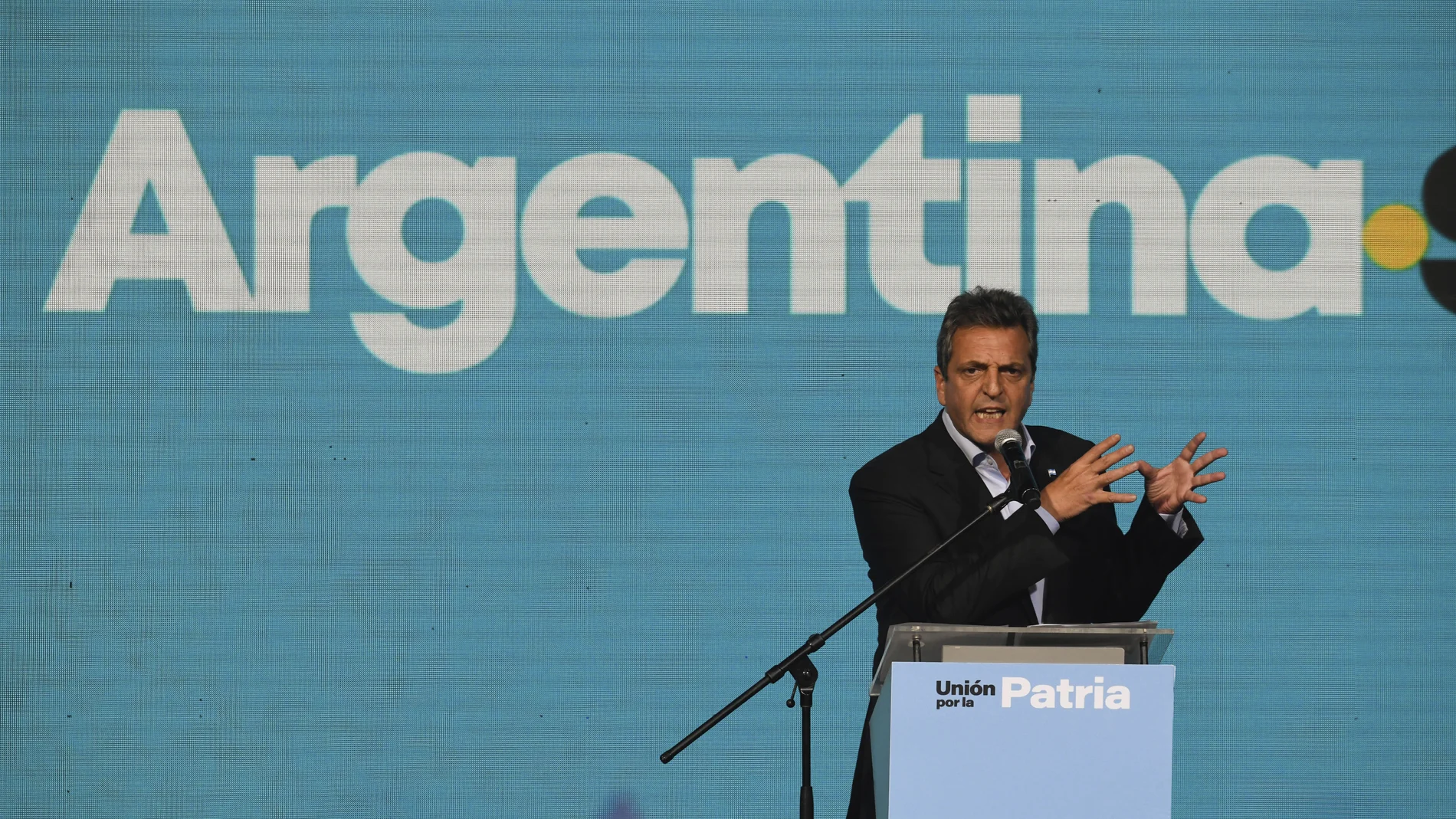 Sergio Massa, Economy Minister and presidential candidate for the ruling party, speaks to supporters at his campaign headquarters after general elections in Buenos Aires, Argentina, Sunday, Oct. 22, 2023. Massa held the lead in early results and is poised to face off Javier Milei in a second round Nov. 19.