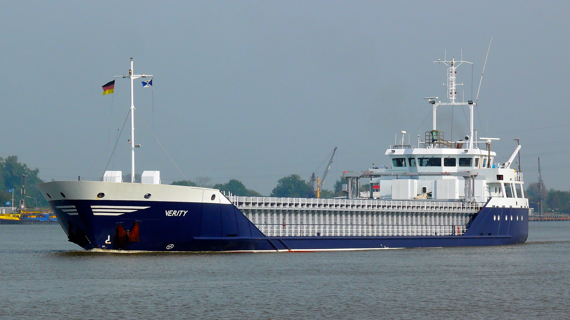 FILE - The freighter "Verity" is seen off Kiel in Germany, Oct. 5, 2014. German authorities say two cargo ships have collided in the North Sea off the German coast and one vessel apparently sank. One sailor died and four are missing. Germany’s Central Command for Maritime Emergencies said the ships, Polesie and Verity, collided early on Tuesday, Oct. 24, 2023 about 22 kilometers, about 14 miles, southwest of the island of Helgoland. (Dietmar Hasenpusch/dpa via AP)