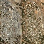 Vista del antes y el después de la ciudad de Beit Hanun en el norte de Gaza el 10 de octubre junto a una imagen del 21 de octubre tomada por el satélite de Maxar