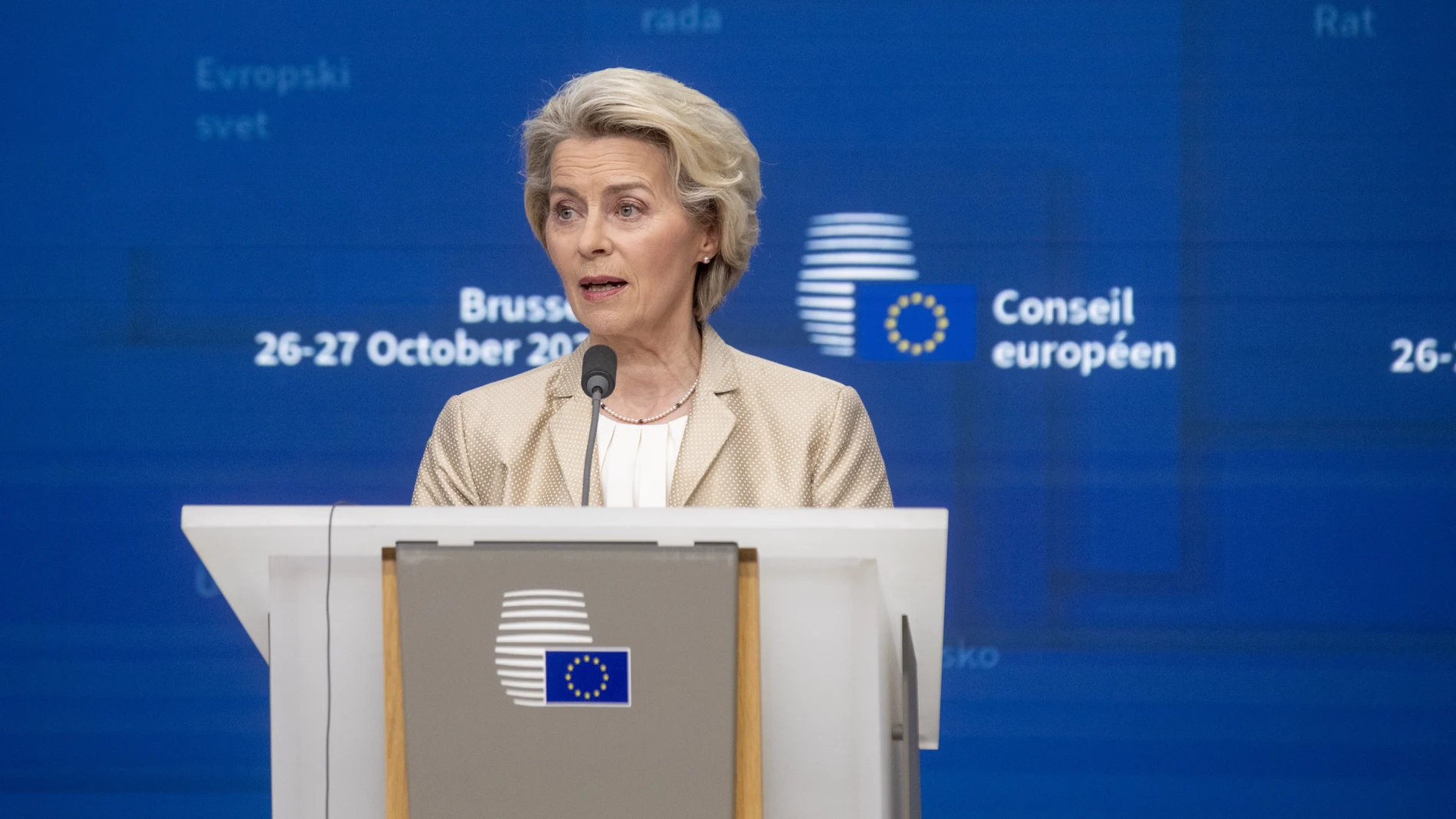 European Commission President Ursula Von der Leyen pictured during a meeting on the second day of the European council, at the European Union headquarters in Brussels, Friday 27 October 2023. 27/10/2023