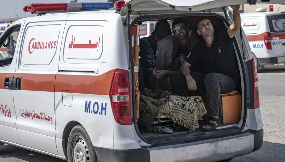 Ambulances with Palestinians wounded in the Israeli bombardment of the Gaza Strip arrive at Rafah border crossing to Egypt Wednesday, Nov. 1, 2023.