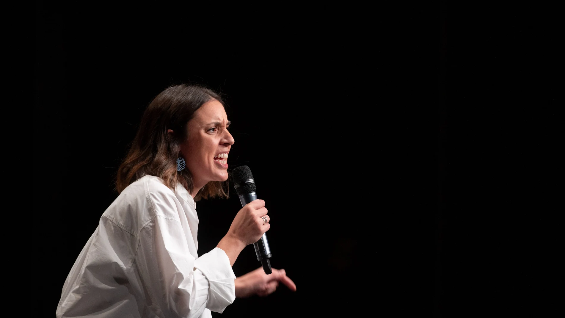 La secretaria de Acción de Gobierno de Podemos y ministra en funciones de Igualdad, Irene Montero, interviene durante la Conferencia Política de Podemos celebrada este sábado en Madrid.