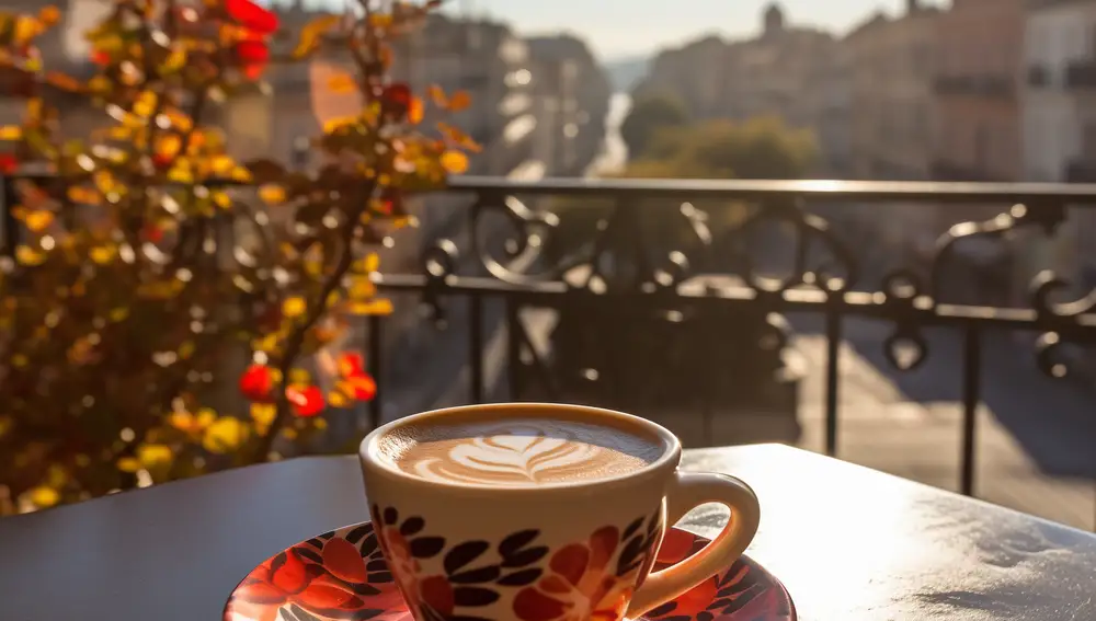 Plano detalle de una taza de café en una terraza