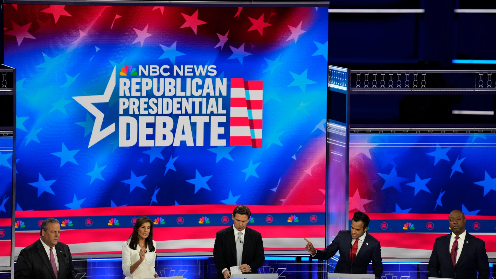 Republican presidential candidates from left, former New Jersey Gov. Chris Christie, former UN Ambassador Nikki Haley, Florida Gov. Ron DeSantis, businessman Vivek Ramaswamy and Sen. Tim Scott, R-S.C., participate in a Republican presidential primary debate hosted by NBC News Wednesday, Nov. 8, 2023, at the Adrienne Arsht Center for the Performing Arts of Miami-Dade County in Miami. (AP Photo/Rebecca Blackwell)