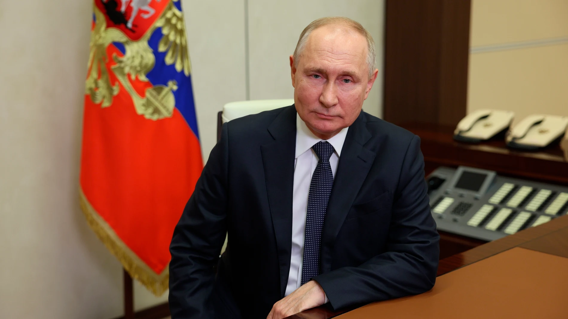 Russian President Vladimir Putin congratulates Interior Ministry employees and veterans on their professional holiday, at the Novo-Ogaryovo State residence outside Moscow, Russia, Friday, Nov. 10, 2023. (Gavriil Grigorov, Sputnik, Kremlin Pool Photo via AP)