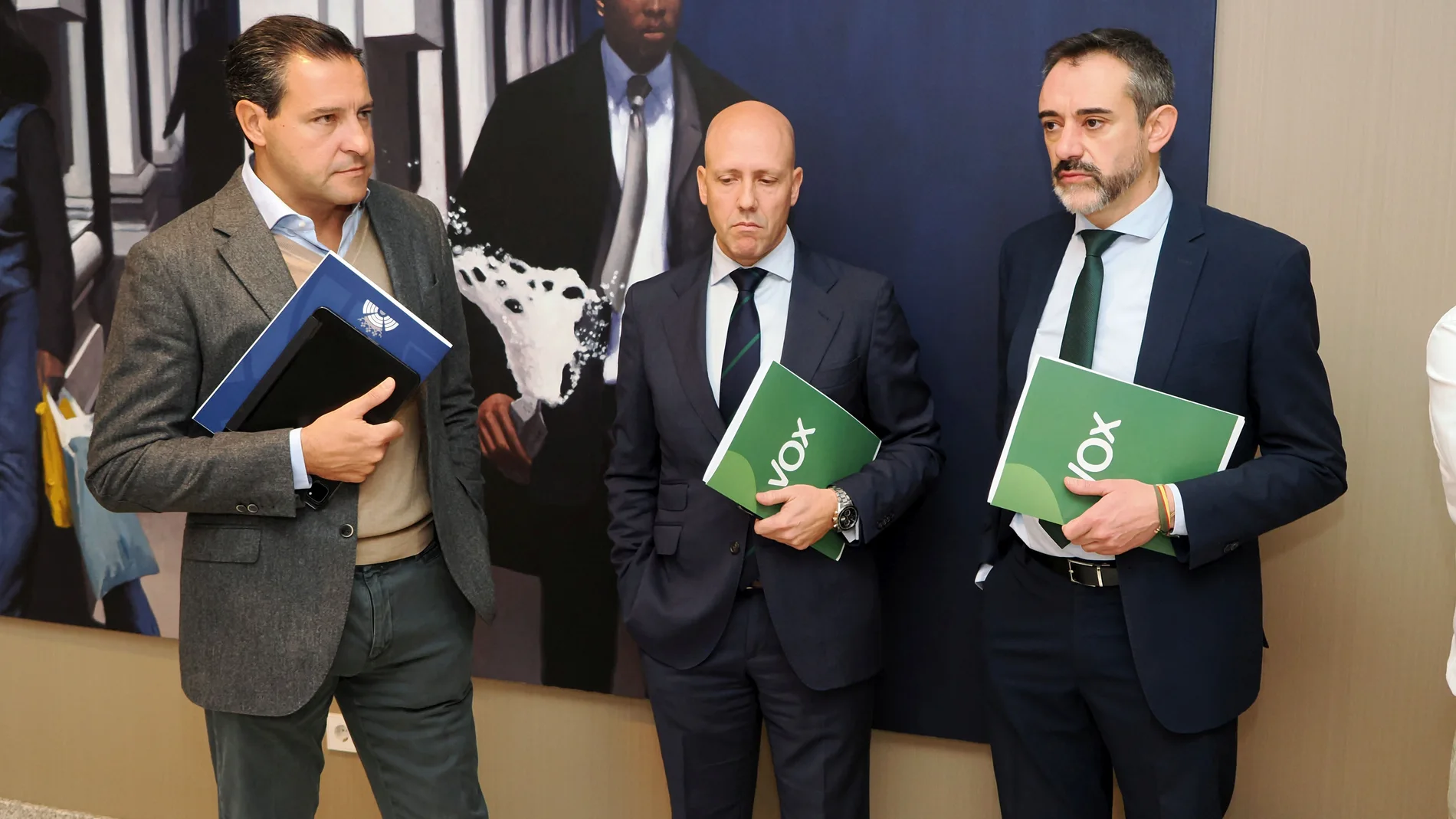 Raúl de la Hoz (PP) junto a Carlos Menéndez y David Hierro, de Vox
