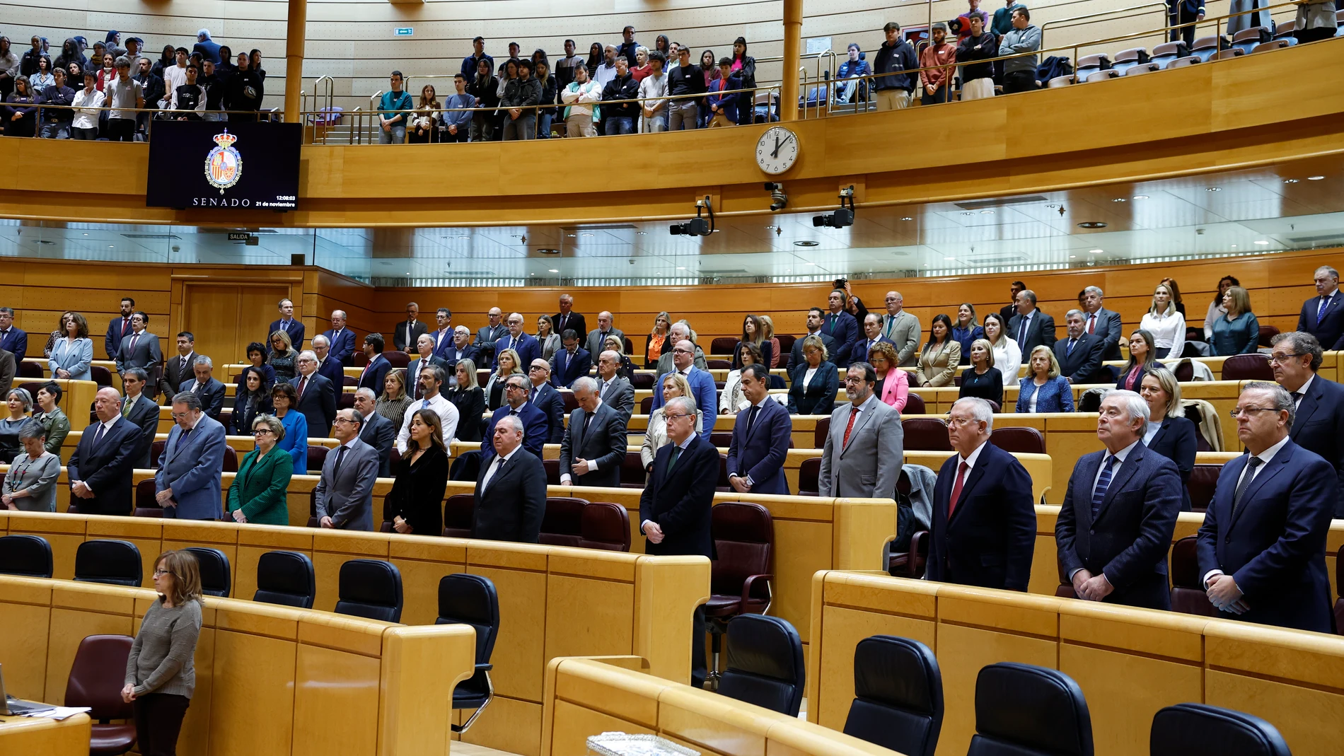 MADRID, 21/11/2023.-Vista del minuto de silencio por el expresidente de Canarias y exministro de Educación Jerónimo Saavedra, este martes durante el pleno del Senado, que debate una iniciativa del grupo socialista que aboga por instar al Gobierno a reforzar las políticas de memoria democrática frente al frenazo que pretenden los gobiernos autonómicos del PP y Vox. EFE/ Chema Moya