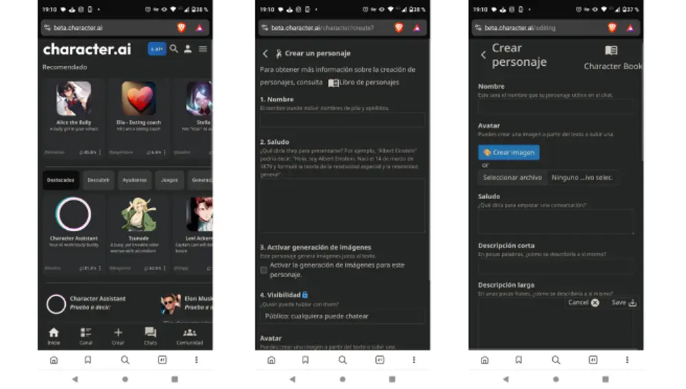 Inicio de Character.AI y menú para la creación de un chatbot.