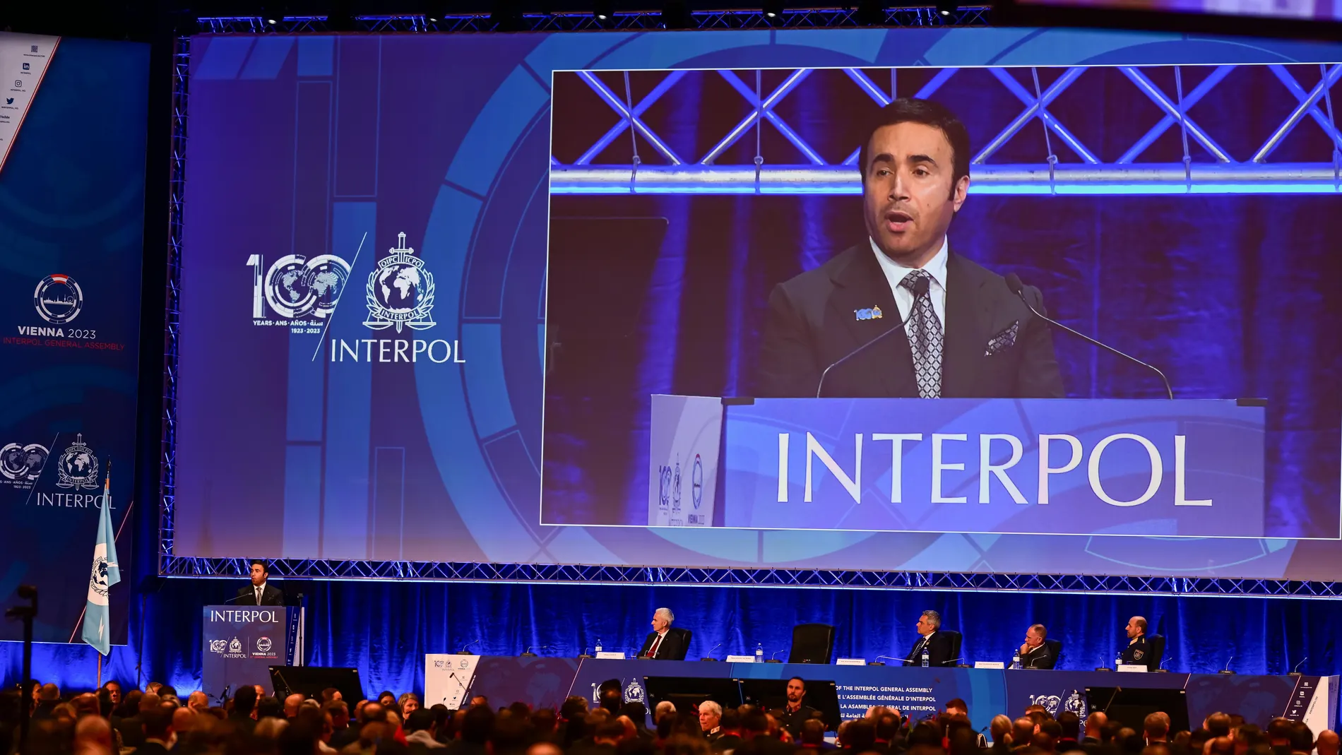 Vienna (Austria), 28/11/2023.- Ahmed Naser Al-Raisi, President of of the International Criminal Police Organization (Interpol) delivers a speech during the opening ceremony of the 91st Interpol General Assembly in Vienna, Austria, 28 November 2023. The 91st Interpol General Assembly will take place in Vienna from 28 November until 01 December 2023. (Viena) EFE/EPA/CHRISTIAN BRUNA