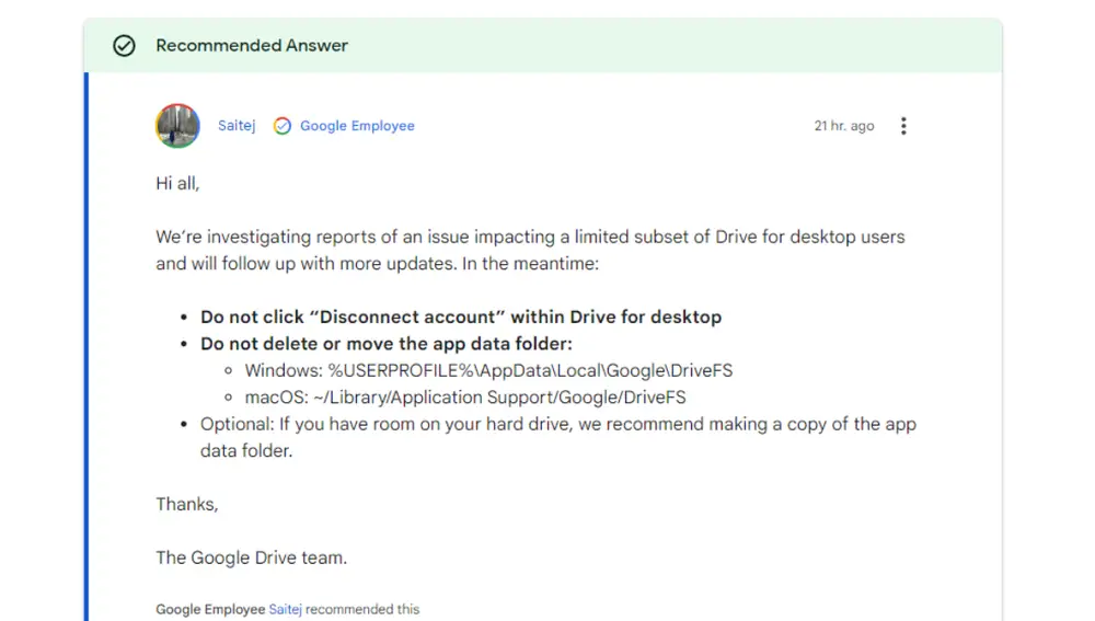 respuesta de Google en el hilo en el que los usuarios denuncian el problema, ahora eliminado.