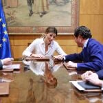 Madrid. 22/1/20. Reunión de Yolanda Díaz con Garamendi, prevé de laCEOE, Pepe Álvarez, de UGT, Unai Sordo de CCOO y Cuervo de CEPYME.