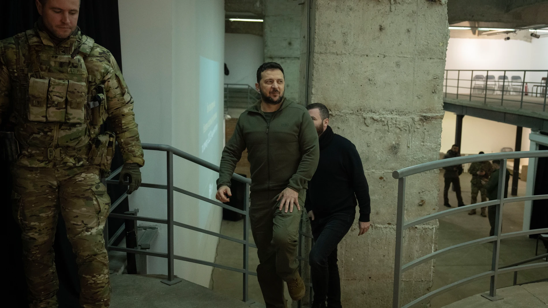 Ukrainian President Volodymyr Zelenskyy arrives for an interview with The Associated Press in Kharkiv, Ukraine, Thursday, Nov. 30, 2023. (AP Photo/Efrem Lukatsky)