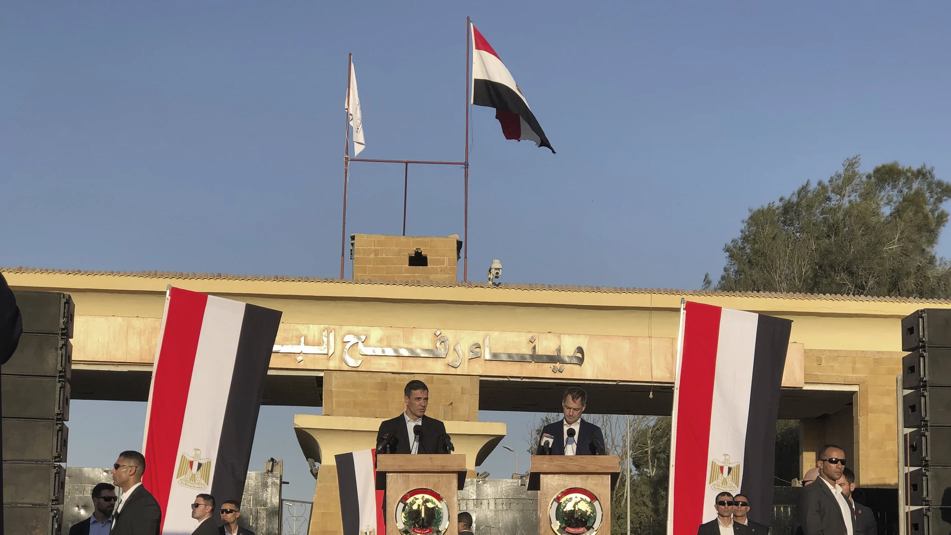 Spanish Prime Minister Pedro Sanchez, left, and Belgian Prime Minister Alexander de Croo speak during a press conference at Rafah crossing to the Gaza Strip, Egypt, as a temporary ceasefire went into effect Friday, Nov. 24, 2023.