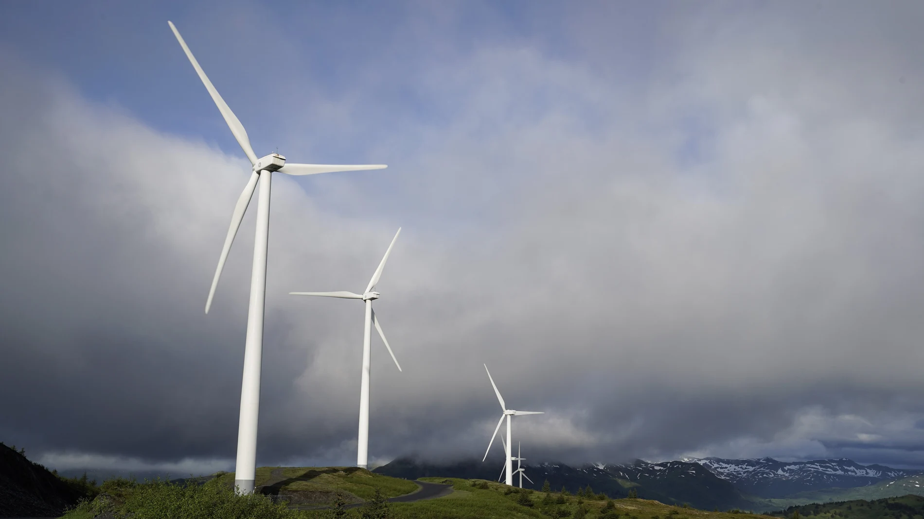 Wind turbines work on Sunday, June 25, 2023, in Kodiak, Alaska.