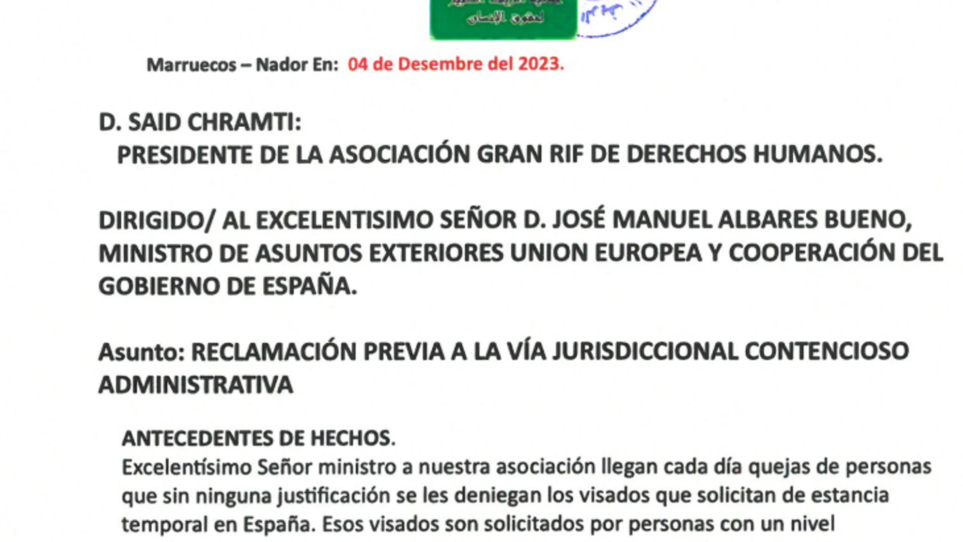 Carta dirigida al ministro Albares