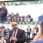 Los eurodiputados de Ciudadanos, Adrián Vázquez y Jordi Cañas, miran a los ojos a Sánchez durante su intervención