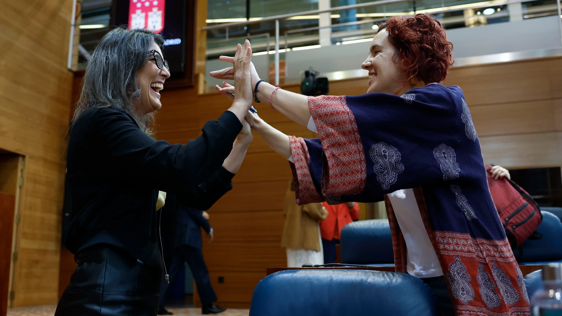 MADRID, 14/12/2023.- La portavoz de Más Madrid en la Asamblea de Madrid,Manuel María Bergerot (i), saluda a su compañera de formación María Pastor a su llegada a la Cámara para asistir a la sesión de control de la Asamblea en la que la presidenta de la Comunidad, Isabel Díaz Ayuso, va a responder preguntas de los grupos parlamentarios sobre la mejora de la red de transporte público en la región, la política de vivienda o las repercusiones de que haya un gran premio de Fórmula 1 en Madrid. EFE...