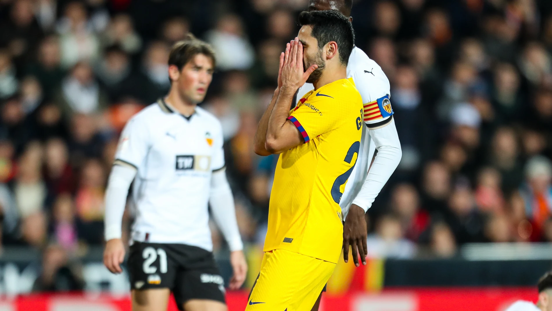 Ilkay Gundogan of Barcelona laments during the spanish league, La Liga EA Sports, football match played between Valencia CF and FC Barcelona at Mestalla stadium on December 16, 2023, in Valencia, Spain. AFP7 16/12/2023 ONLY FOR USE IN SPAIN