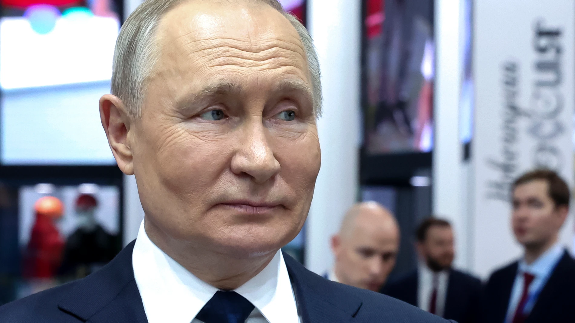 Russian President Vladimir Putin speaks to journalists after visiting the Russia Expo international exhibition and forum at the VDNKh (The Exhibition of Achievements of National Economy) in Moscow, Russia, Sunday, Dec. 17, 2023. (Sergey Fadeichev, Sputnik, Kremlin Pool Photo via AP)