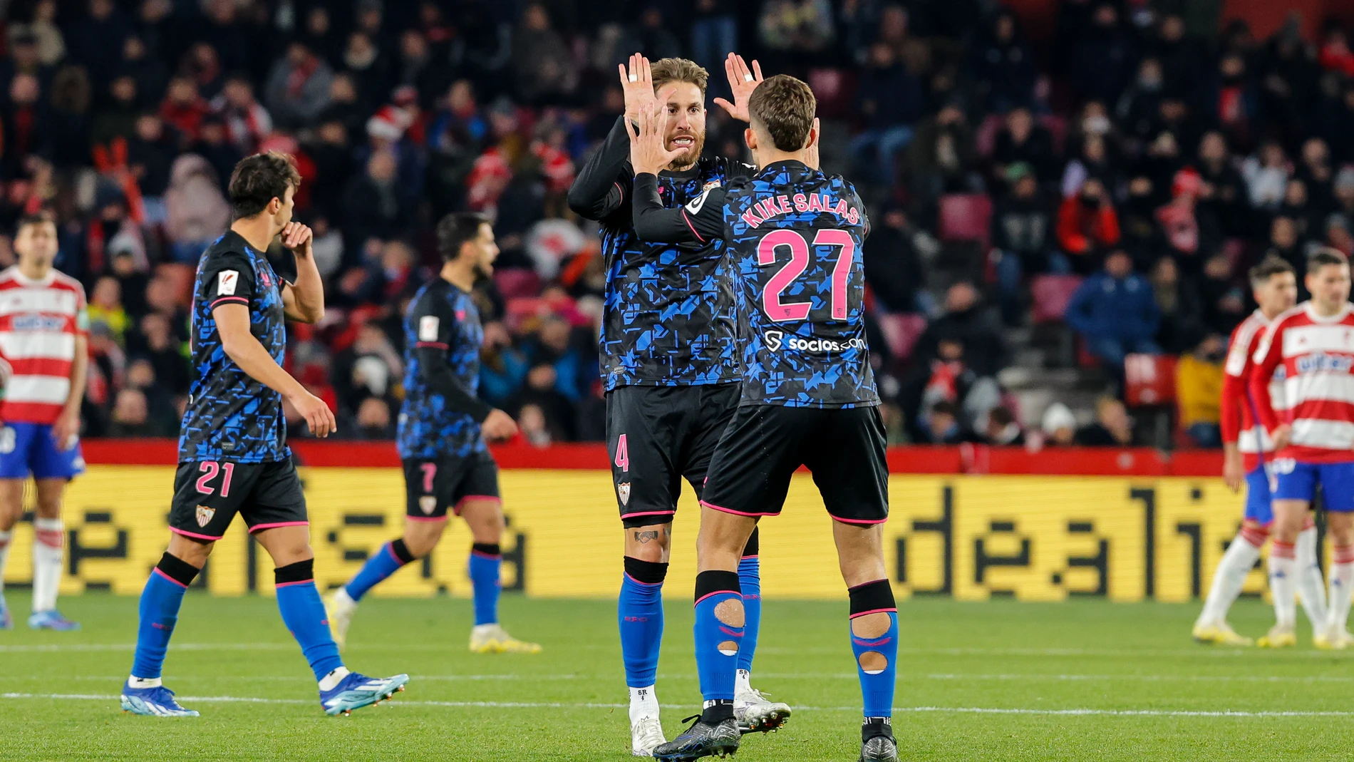 Sergio Ramos of Sevilla FC scores the third goal of his team during the Spanish league, La Liga EA Sports, football match played between Granada CF and Sevilla FC at Nuevo Los Carmenes stadium on December 19, 2023, in Granada, Spain.AFP7 19/12/2023 ONLY FOR USE IN SPAIN