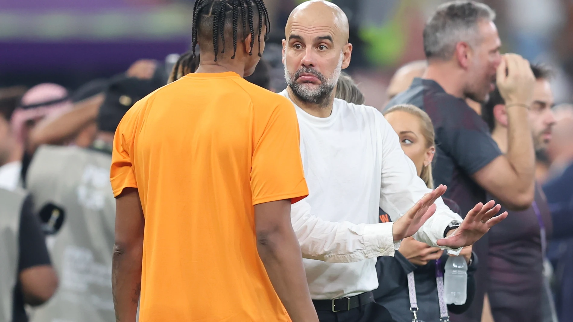 Jeddah (Saudi Arabia), 19/12/2023.- Pep Guardola head coach of Manchester City reacts after winning the FIFA Club World Cup 2023 semi final match between Urawa Reds and Manchester City in Jeddah, Saudi Arabia, 19 December 2023. (Mundial de Fútbol, Arabia Saudita) EFE/EPA/ALI HAIDER