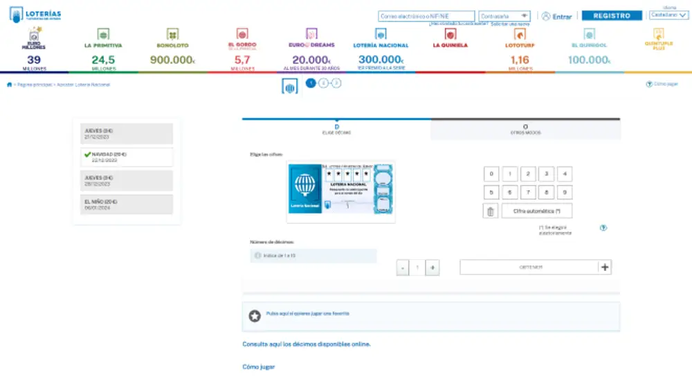 Compra de un décimo de la Lotería de Navidad en la web de Loterías y Apuestas del Estado.