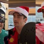 Fernando Alonso con una gorra de capitán de barco, Leclerc con una pala de padel y Carlos Sainz con un bañador con chiles en el 'Secret Santa' de la F1