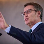 El presidente del Partido Popular, Alberto Núñez Feijóo hace el balance del año 2023 del PP, este jueves en Ma
