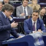 Former Catalan regional premier Carles Puigdemont speaks during a debate on 'Review of the Spanish Presidency of the Council' at the European Parliament in Strasbourg, France, 13 December 2023