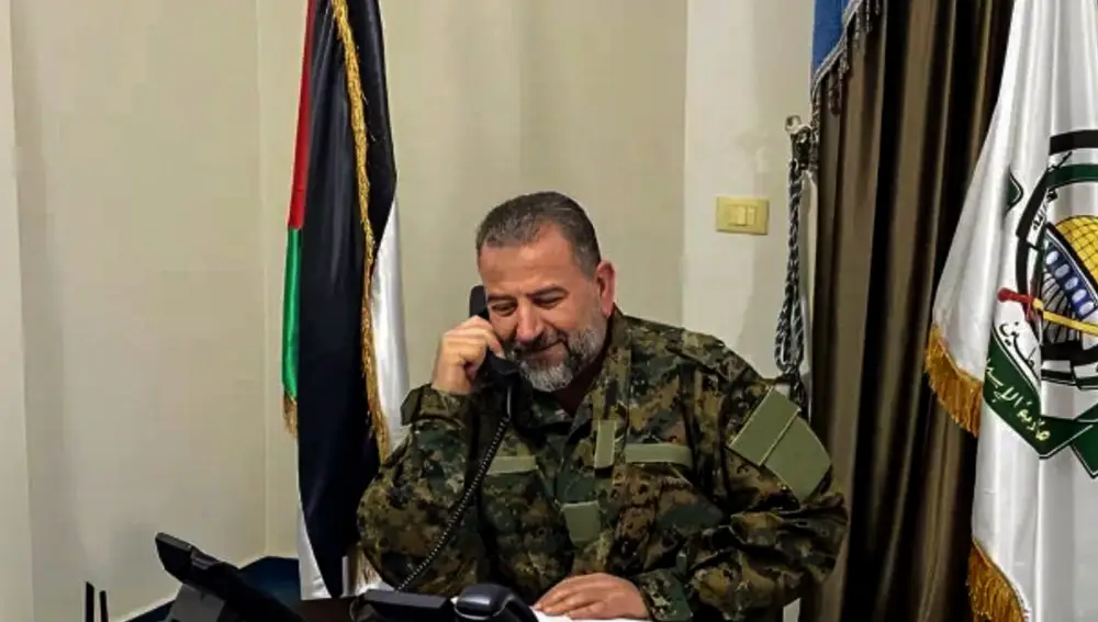 An undated handout picture shows Palestinian Saleh al-Arouri, Hamas deputy leader and a founding commander of its military wing (the Izz al-Din al-Qassam Brigades), speaks on the phone. Al-Aruri has been killed in a blast in Beirut.