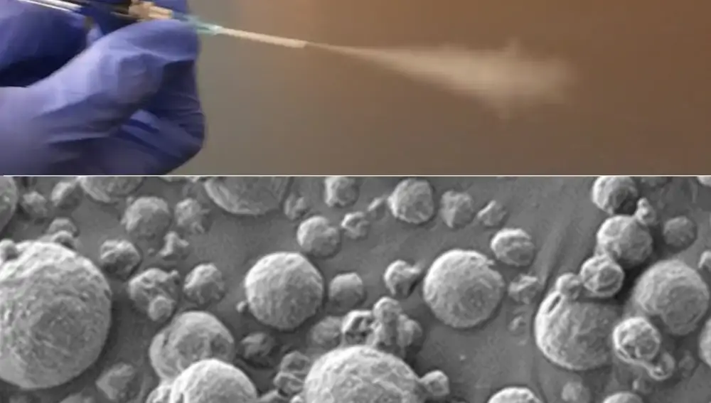 Abajo, una micrografía electrónica de barrido de las partículas recubiertas con nanosensores