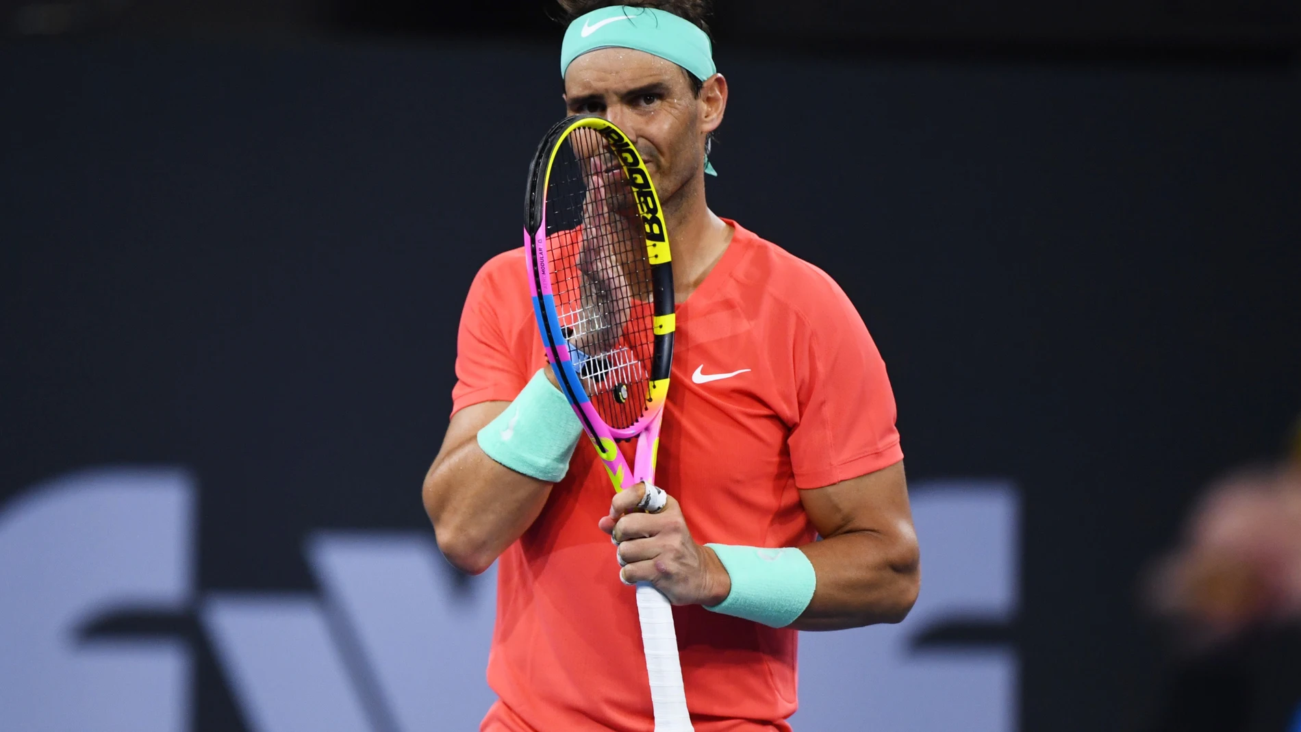Brisbane (Australia), 05/01/2024.- Rafael Nadal of Spain reacts during his quarter-final match against Jordan Thompson of Australia at the 2024 Brisbane International tennis tournament in Brisbane, Australia, 05 January 2024. (Tenis, Jordania, España) EFE/EPA/JONO SEARLE AUSTRALIA AND NEW ZEALAND OUT EDITORIAL USE ONLY EDITORIAL USE ONLY
