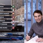 Fechas de la E1 Series, una lancha con las que competirán, y Rafa Nadal firmando su participación como propietario del Team Nadal