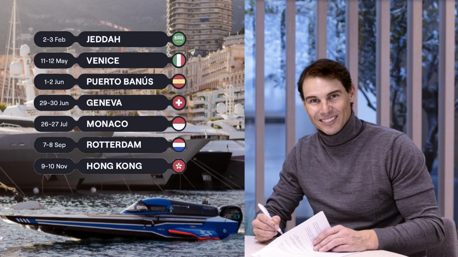 Fechas de la E1 Series, una lancha con las que competirán, y Rafa Nadal firmando su participación como propietario del Team Nadal