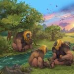 Recreación artística de un grupo de G. blacki dentro de un bosque en el sur de China