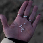 Una mujer enseña una muestra del vertido de pélets en Galicia