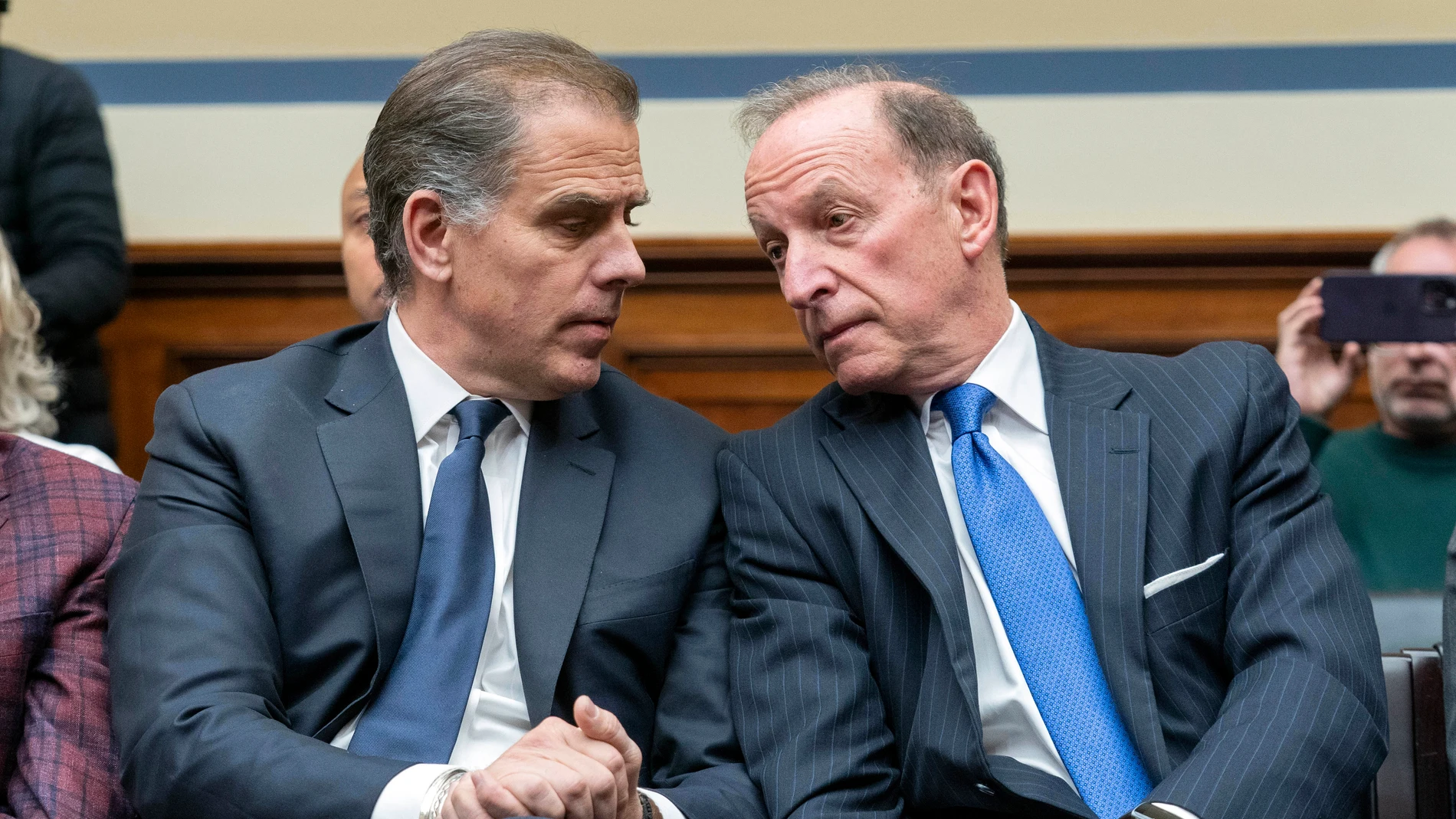 Hunter Biden, President Joe Biden's son, accompanied by his attorney Abbe Lowell, sits in the front row at a House Oversight Committee hearing as Republicans are taking the first step toward holding him in contempt of Congress, Wednesday, Jan. 10, 2024, on Capitol Hill in Washington. (AP Photo/Jose Luis Magana)