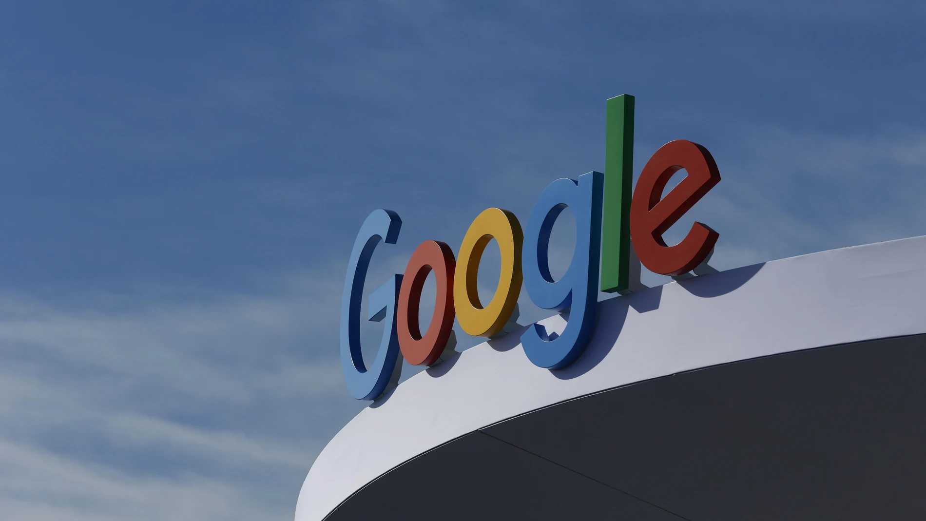 The Google logo is displayed outside the Google booth in Las Vegas.