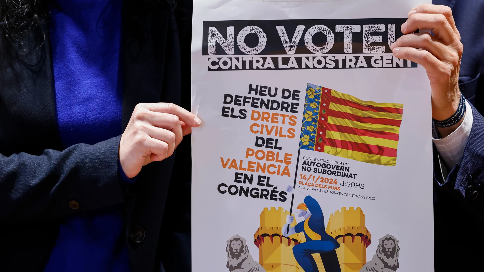 GRAFCVA7640. VALENCIA, 11/01/2024.- Detalle del cartel de la concentración convocada para el próximo domingo en apoyo a la enmienda en favor del Derecho Civil Valenciano al proyecto de Reforma Constitucional, que se votará la próxima semana en el Congreso de los Diputados, impulsada por Juristes Valencians. EFE/Ana Escobar