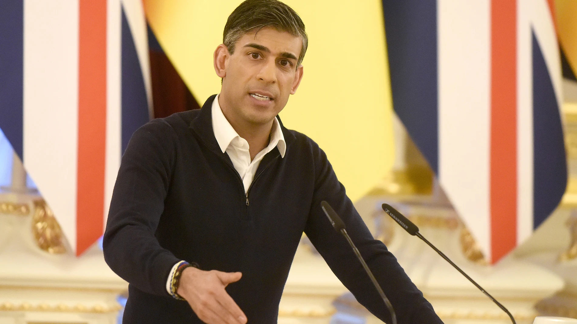 January 12, 2024, Kyiv, Ukraine: KYIV, UKRAINE - JANUARY 12, 2024 - British Prime Minister Rishi Sunak speaks at the briefing after the signing ceremony of the security cooperation agreement as part of the meeting with Ukrainian President Volodymyr Zelensky, Kyiv, capital of Ukraine12/01/2024