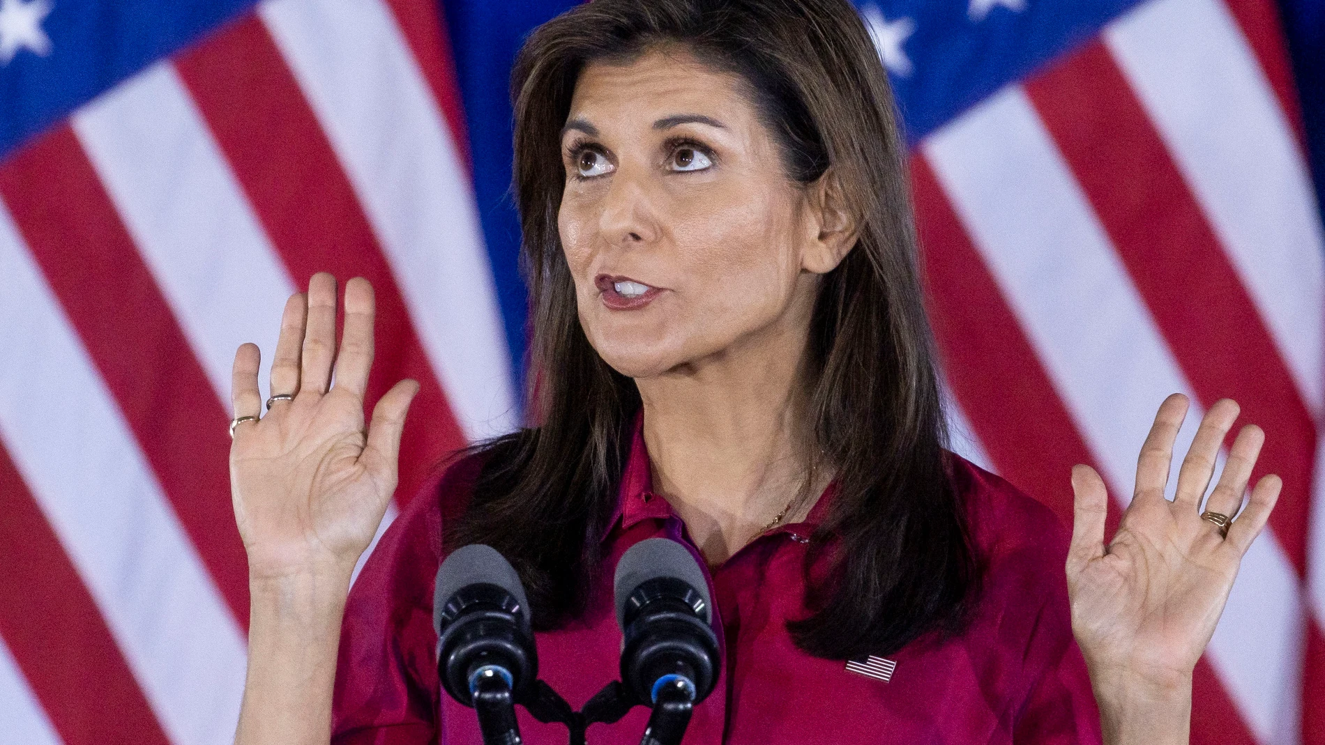 West Des Moines (United States), 16/01/2024.- Former South Carolina Governor and Republican presidential candidate Nikki Haley addresses supporters gathered for a caucus night event at a hotel in West Des Moines, Iowa, USA, 15 January 2024. Haley came in third place behind Florida Governor Ron DeSantis and former President Donald Trump in the first-in-the-nation caucus of the 2024 presidential campaign. EFE/EPA/JUSTIN LANE