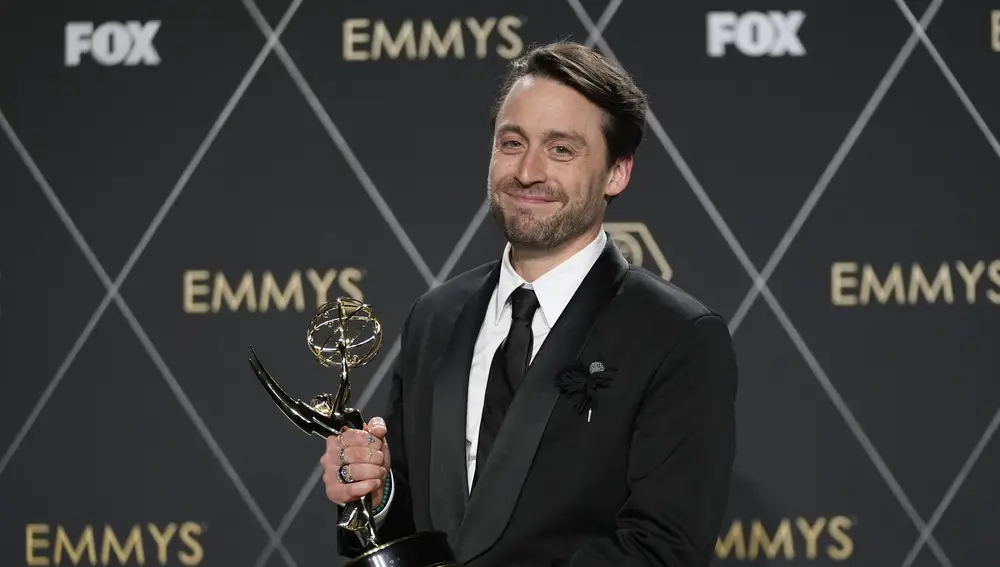 Kieran Culkin, winner of the award for outstanding lead actor in a drama series for "Succession," poses in the press room during the 75th Primetime Emmy Awards on Monday, Jan. 15, 2024, at the Peacock Theater in Los Angeles.