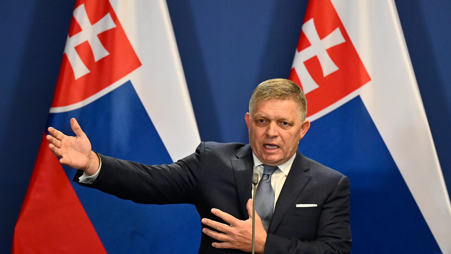 Slovakia's Prime Minister Robert Fico speaks during a press conference with Hungary's Prime Minister Viktor Orban at the Carmelite Monastery in Budapest, Hungary, Tuesday, Jan. 16, 2024. (AP Photo/Denes Erdos)