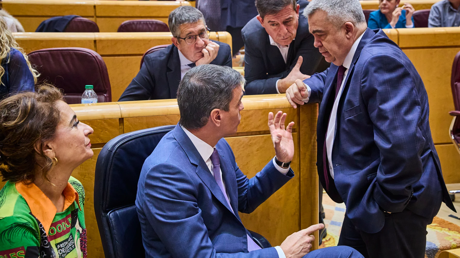 El presidente del Gobierno, Pedro Sánchez, conversa con el diputado socialista Santos Cerdán durante un receso de la sesión plenaria del Congreso que debate las enmiendas a la reforma de la Constitución impulsada por PP y PSOE, este jueves, en el Senado © Alberto R. Roldán / Diario La Razón. 18 01 2024